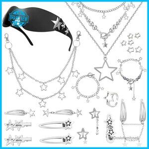Y2K Silver Alloy Jewelry Set Layered Necklace Sunglasses Hair Clips Retro Grunge